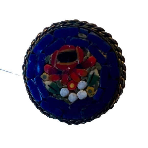 Vintage Italian Micro Mosaic Brooch Pin Floral Motif Blue Red .75” Antique - Picture 2 of 4